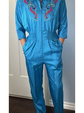 Vintage 80s Joan Walters Turquoise Art Deco Jumpsuit Smocked Zip Front Sz 6